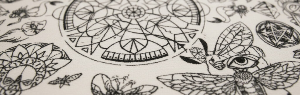 Detailansicht runder Teppich mit Sonnen- und Vogelmotiven im Tattoo-Studio Giahi