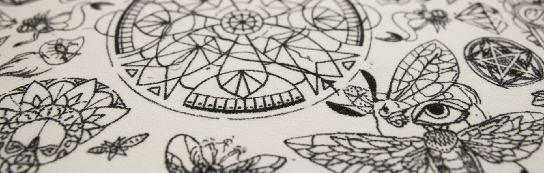 Detailansicht runder Teppich mit Sonnen- und Vogelmotiven im Tattoo-Studio Giahi