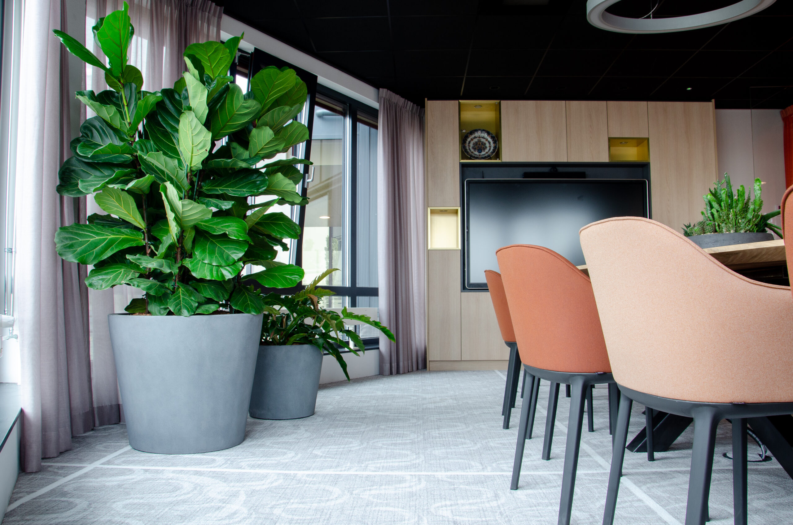 Heller Besprechungsraum mit grauem Design-Teppichboden und Fensterfront